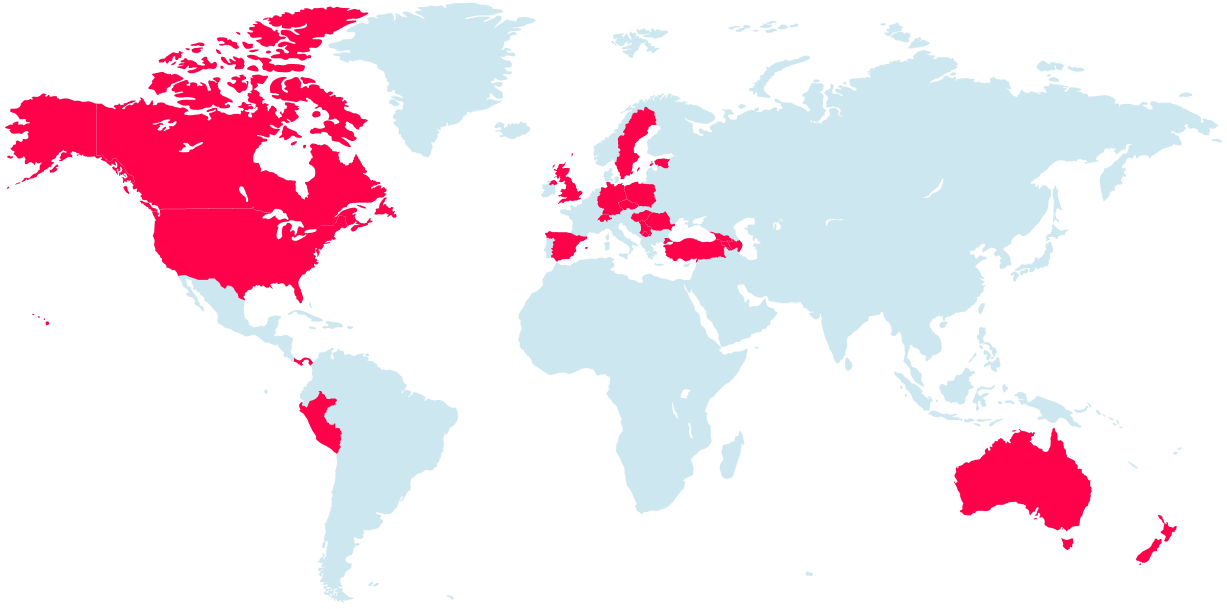 Eine Weltkarte mit rot markierten aktiven Ländern